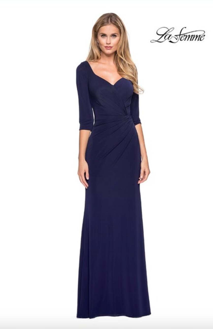 La Femme Dress Size 2 NEW Navy Blue Evening Maxi $495 V Neck Stretch Faux Wrap